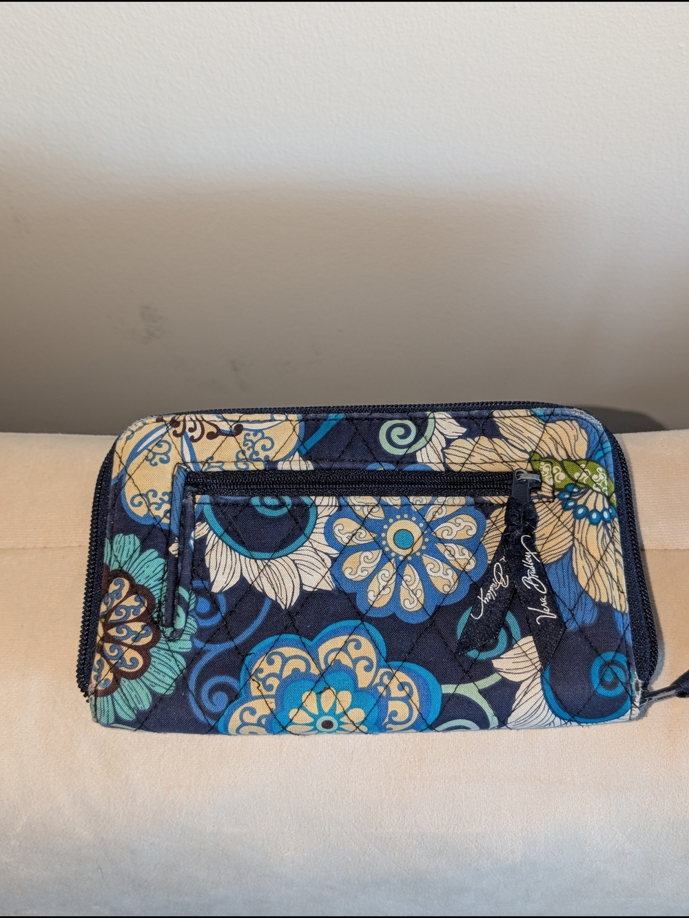 Vera Bradley Blue, Black, and White Floral Quilted Zip Wallet